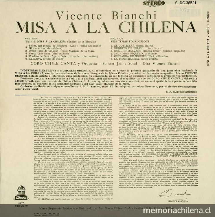 Contraportada de disco Misa a la Chilena, Coro Chile Canta y Orquesta, 1965.