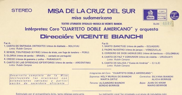 Contraportada de disco Misa de la Cruz del Sur, misa sudamericana, Emi, 1972.