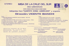 Contraportada de disco Misa de la Cruz del Sur, misa sudamericana, Emi, 1972.