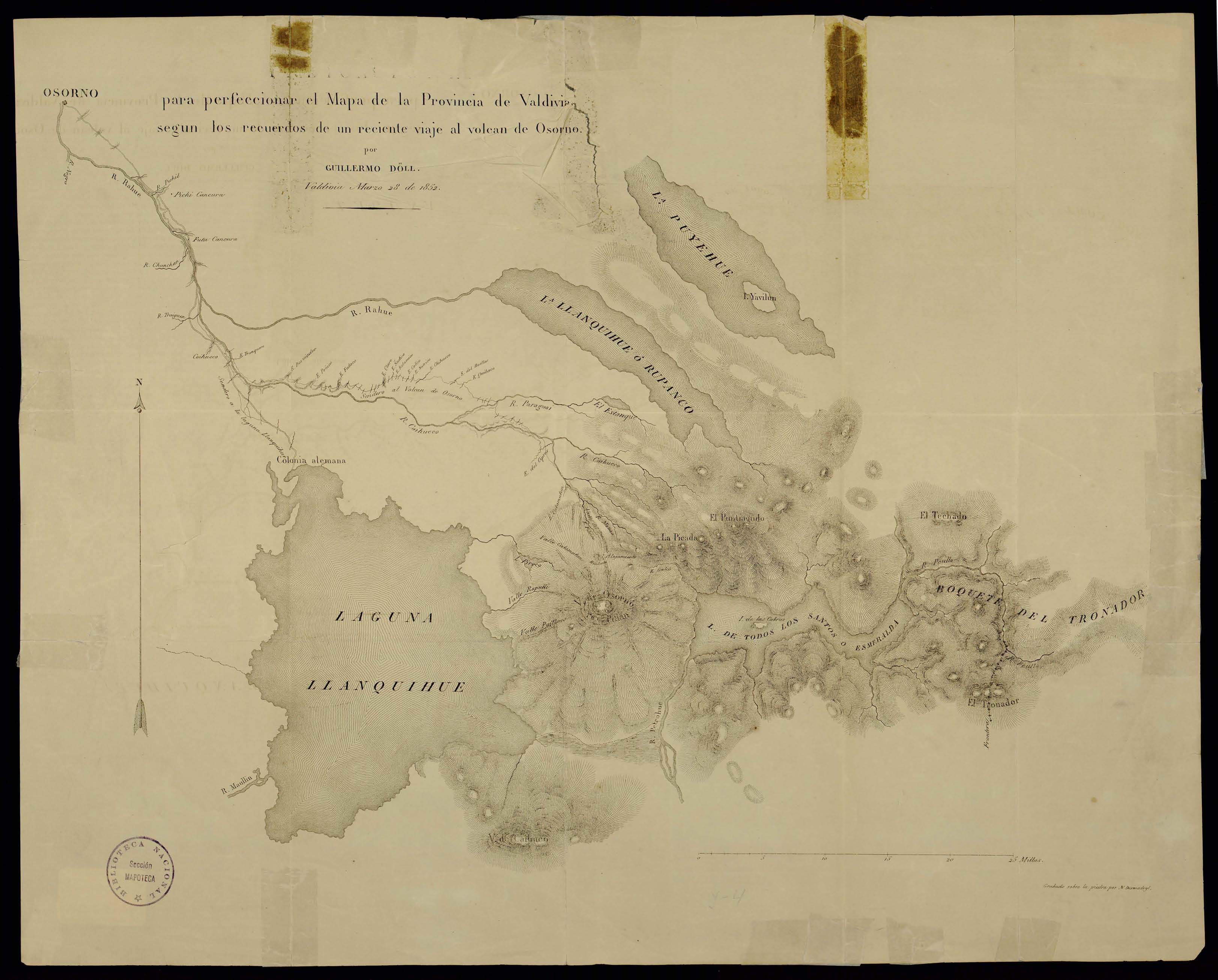Para perfeccionar el mapa de la Provincia de Valdivia según los recuerdo de un reciente viaje al Volcán Osorno [material cartográfico] por Guillermo Döll; grabado sobre la piedra por N. Desmadryl.