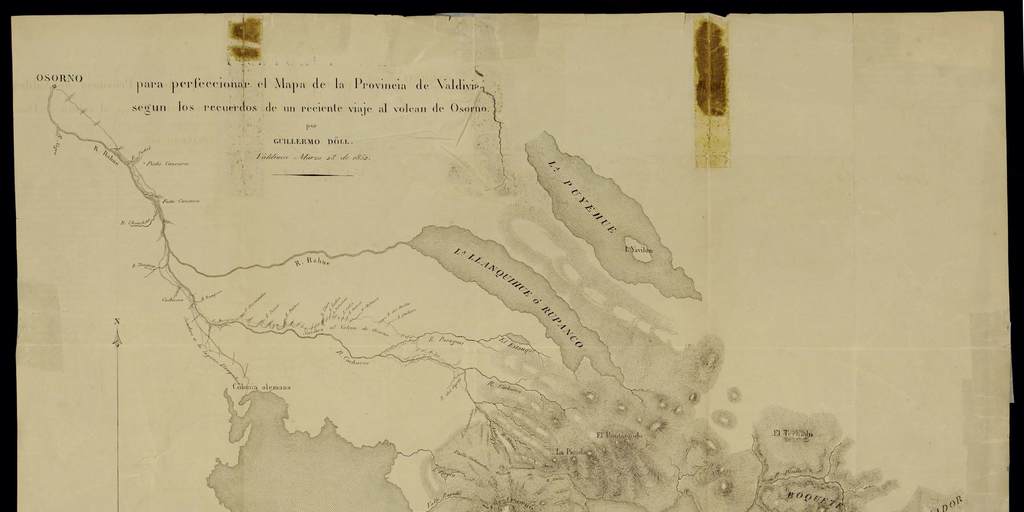 Para perfeccionar el mapa de la Provincia de Valdivia según los recuerdo de un reciente viaje al Volcán Osorno [material cartográfico] por Guillermo Döll; grabado sobre la piedra por N. Desmadryl.