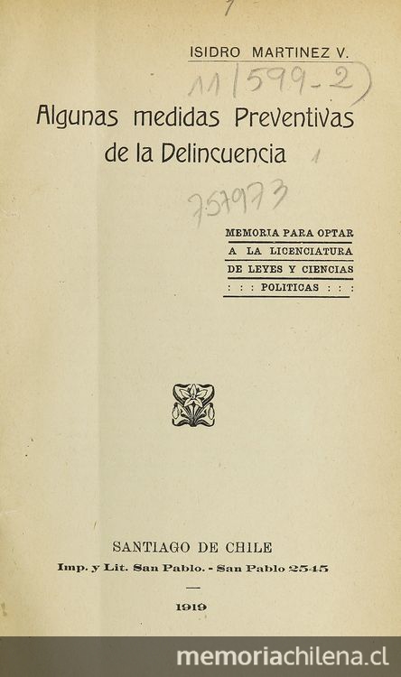 Algunas medidas preventivas de la delincuencia. Santiago de Chile: Imp. y Lit. San Pablo, 1919