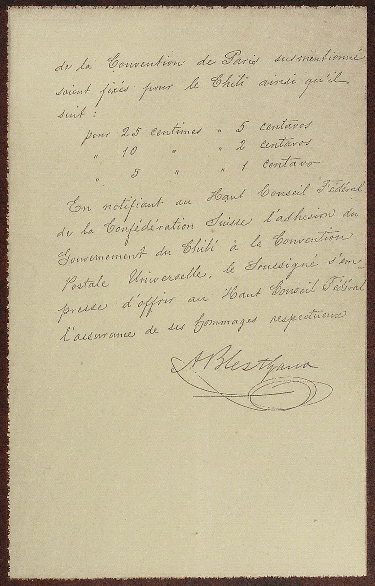 Carta solicitud de ingreso de Chile a la Unión Postal Universal, redactada por el diplomático Alberto Blest Gana.