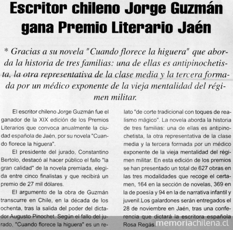 Escritor chileno Jorge Guzmán gana premio literario Jaén