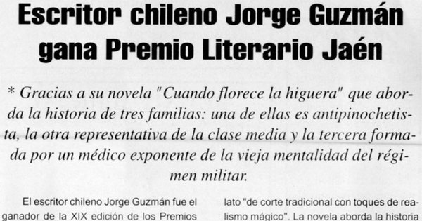 Escritor chileno Jorge Guzmán gana premio literario Jaén