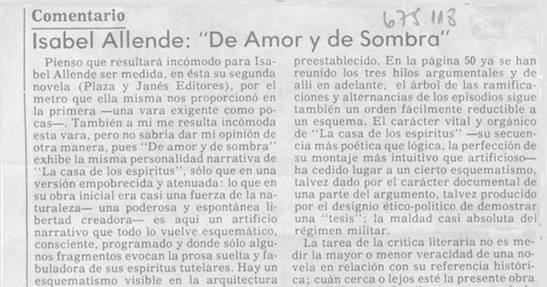 Isabel Allende, "De amor y de sombra"