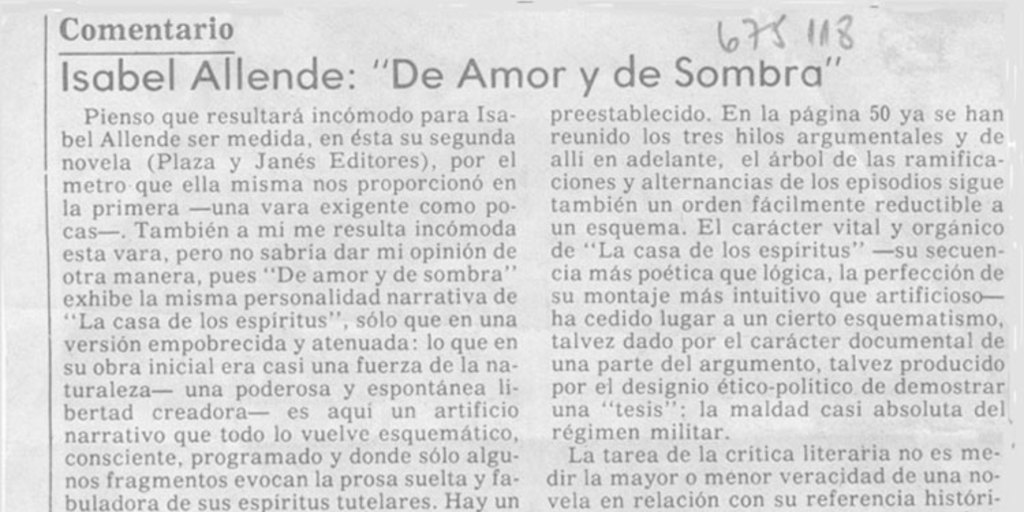 Isabel Allende, "De amor y de sombra"