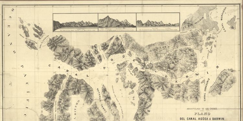 Pie de imagem: Archipiélago de los Chonos[mapa] :Plano del Canal Agüea ó Darwin /levantado de orden del Comandanta de la Corbeta "Chacabuco": Capitán de Fragata G°. Don Enrique M. Simpson en diciembre de 1871