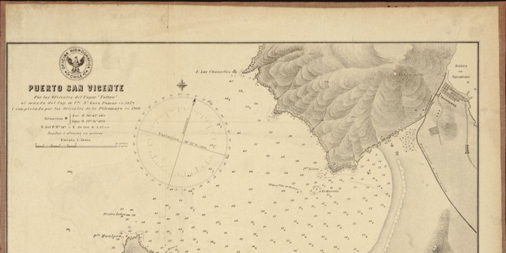 Pie deimagen: Puerto San Vicente[mapa] :por los oficiales del Vapor "Toltén" al mando del Cap. de Cta. Sr. Luis Pomar en 1879 i completado por los Oficiales de la Pilcomayo en 1900.