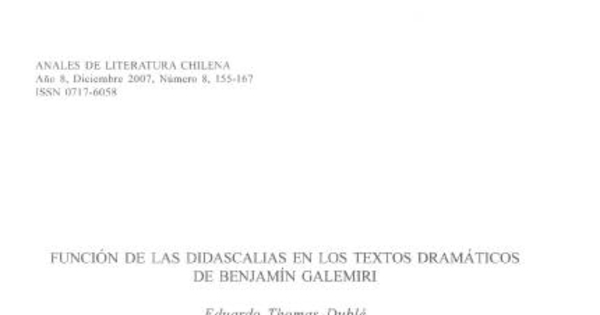 Función de las didascalias en los textos dramáticos de Benjamín Galemiri