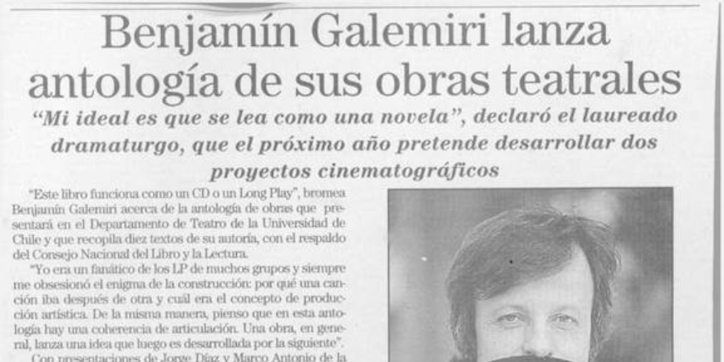 Benjamín Galemiri lanza Antología de sus obras teatrales