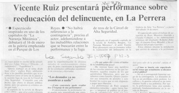 Vicente Ruiz presentará performance sobre reeducación del delincuente, en La Perrera