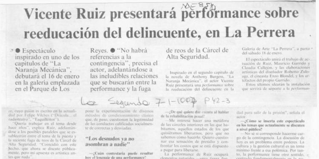 Vicente Ruiz presentará performance sobre reeducación del delincuente, en La Perrera