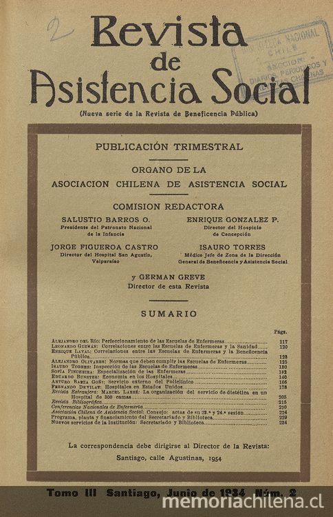 "Especialización de las Enfermeras", Revista de Asistencia Social, III, (2): 132-139, junio 1934