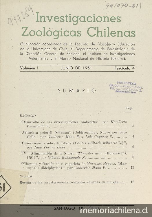 Desarrollo de las investigaciones zoológicas. Santiago: del Pacífico Impresores, 1951. 15 p.