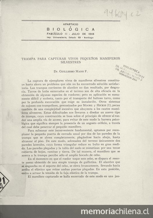 Trampa para capturar vivos pequeños mamíferos silvestres. Santiago: Imp. Universitaria, 1945. 3 p.