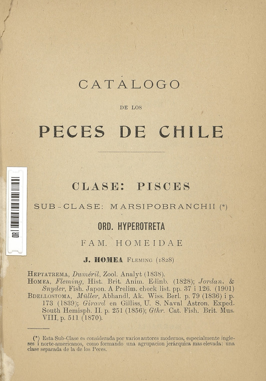 Catálogo de los peces de Chile. Valparaíso: Impr. Gillet, 1901. 133 p.