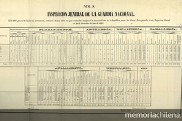 "Cuadro sinóptico de la Inspección General de la Guardia nacional, Armas y Vestuarios". En Chile. Ministerio de Guerra y Marina. Memoria que el Ministro de Estado en los Departamentos de Guerra y Marina presenta al Congreso Nacional. Santiago de Chile: Impr. Nacional, 1858. Anexo documental N°8