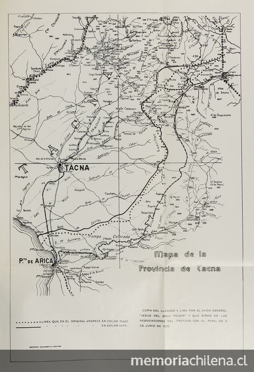 Pie de imagen: Plano de frontera con Perú.Fuente: Lagos Carmona, Guillermo. Historia de las fronteras de Chile. Los tratados de límites con Perú. Santiago, Andrés Bello, 1981. Vol. 3. 143 p.