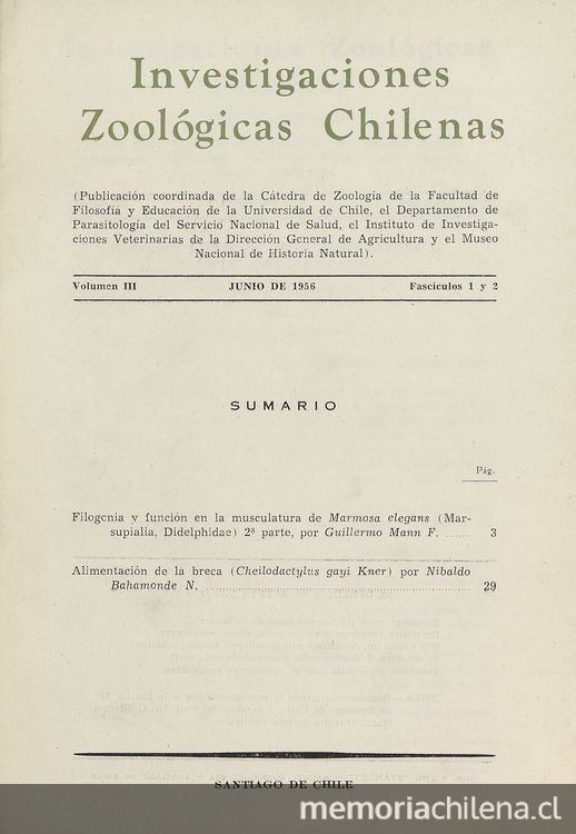 Investigaciones zoológicas chilenas. Santiago: Edit. del Pacífico, Vol. 3 (1956: jun. - 1957: oct.) 170 p.