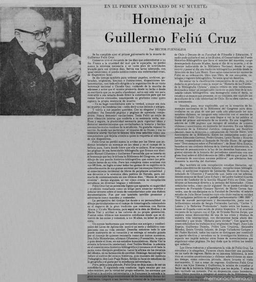 Homenaje a Guillermo Feliú Cruz : en el primer aniversario de su muerte