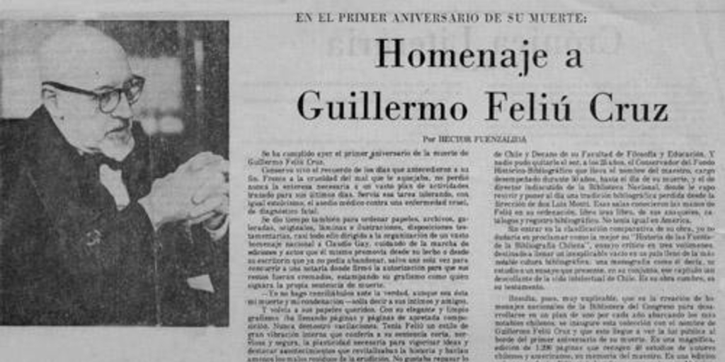 Homenaje a Guillermo Feliú Cruz : en el primer aniversario de su muerte