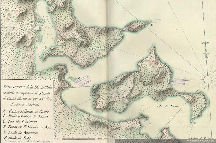 Parte oriental de la Isla de Chiloé, en la que se comprende el puerto de Castro situado a 42°45' de latitud austral, hacia 1770