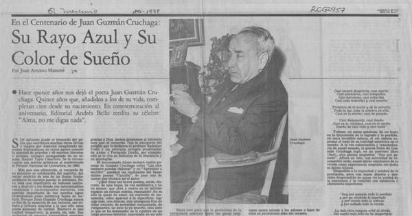 Su rayo azul y su color de sueño : en el centenario de Juan Guzmán Cruchaga