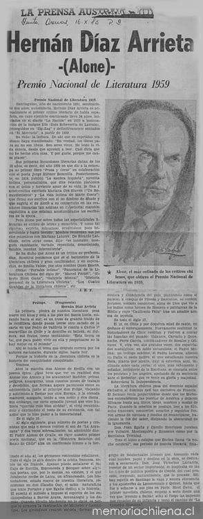 Hernán Díaz Arrieta (Alone), Premio Nacional de Literatura 1959