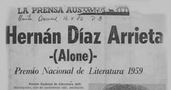 Hernán Díaz Arrieta (Alone), Premio Nacional de Literatura 1959