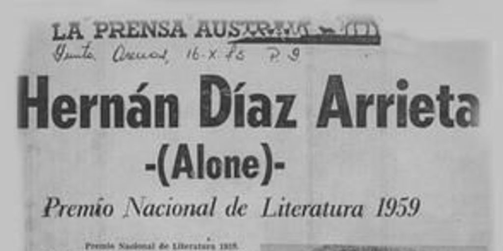 Hernán Díaz Arrieta (Alone), Premio Nacional de Literatura 1959