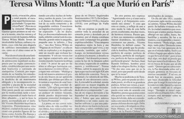 Teresa Wilms Montt, "La que murió en París"