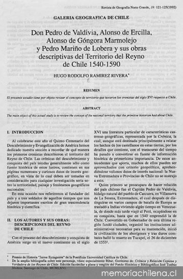Don Pedro de Valdivia, Alonso de Ercilla, Alonso de Góngora Marmolejo y Pedro Mariño de Lobera y sus obras descriptivas del territorio del Reyno de Chile, 1540-1590