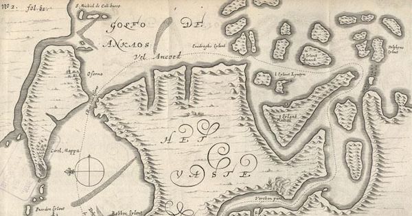 Mapa del golfo de Ancud, que muestra a la escuadra Brouwer en el canal de Chacao y el recorrido que ésta hizo hasta Castro en 1643