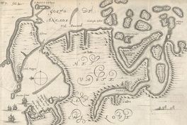 Mapa del golfo de Ancud, que muestra a la escuadra Brouwer en el canal de Chacao y el recorrido que ésta hizo hasta Castro en 1643