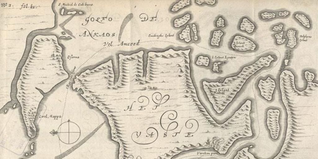 Mapa del golfo de Ancud, que muestra a la escuadra Brouwer en el canal de Chacao y el recorrido que ésta hizo hasta Castro en 1643