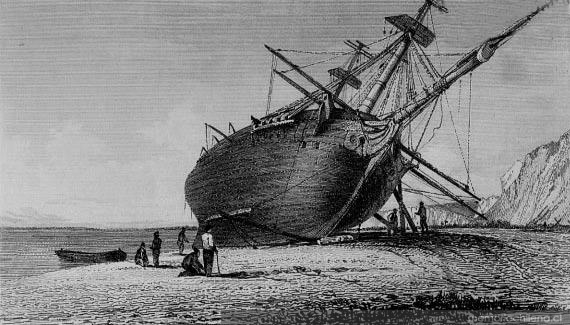 Beagle laid ashore, river Santa Cruz