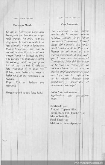 Transcripción del acta de Proclamación de Rapa Nui al Estado Chileno, 1888