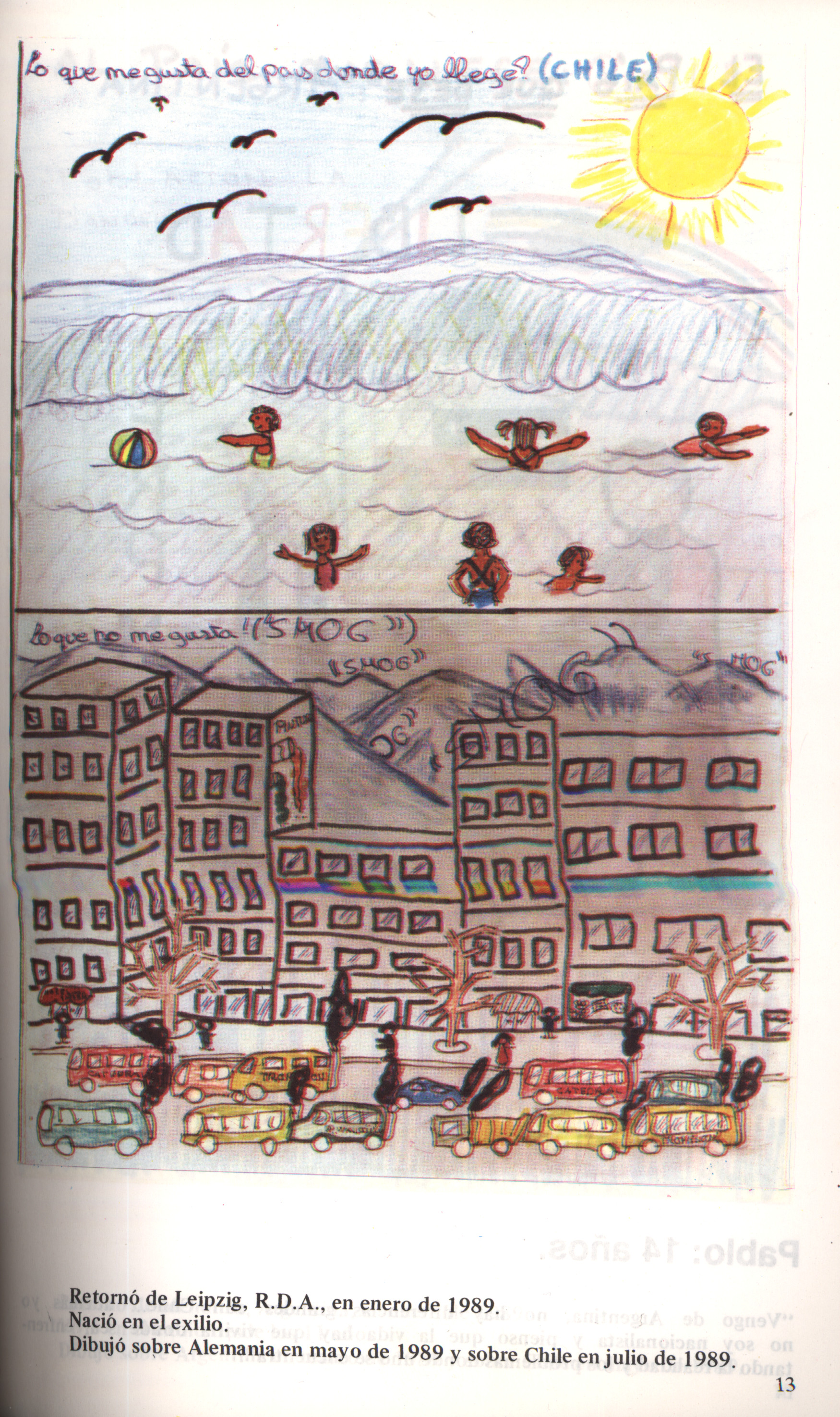 Dibujo de Dominique sobre Chile, 11 años, julio de 1989
