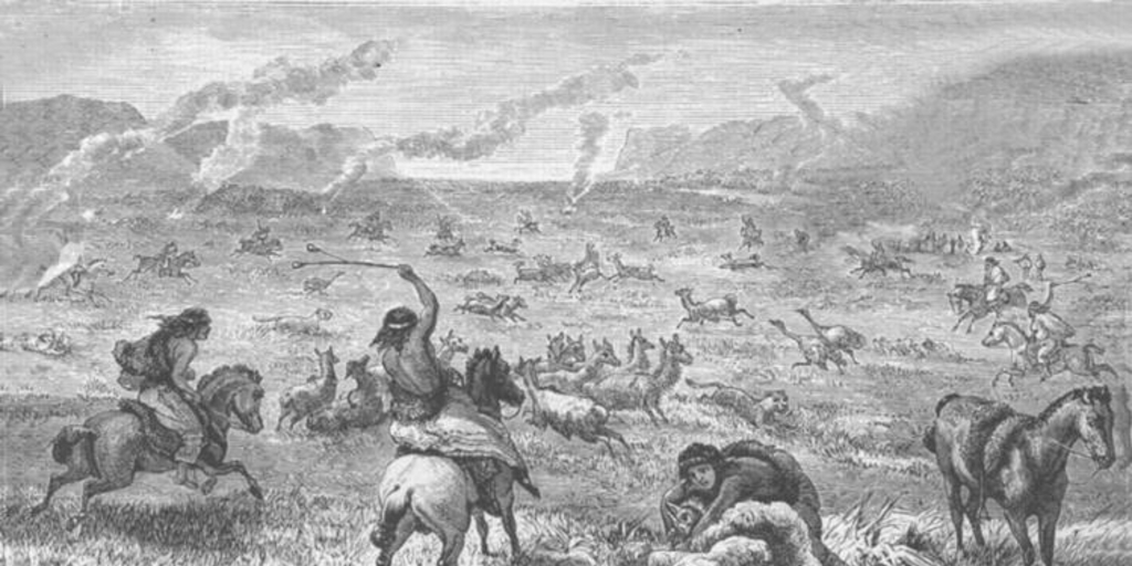 Caza de guanacos y ñandúes, hacia 1870