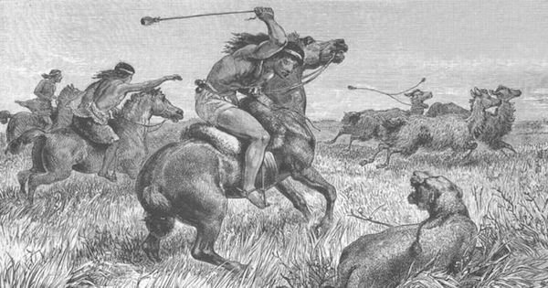 Cazador aónikenk matando un puma, hacia 1870