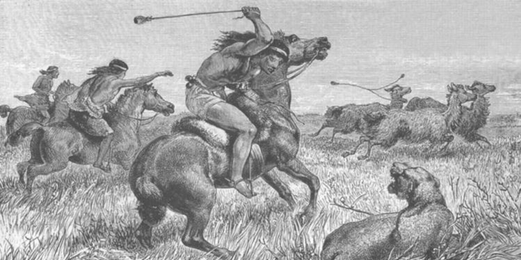 Cazador aónikenk matando un puma, hacia 1870