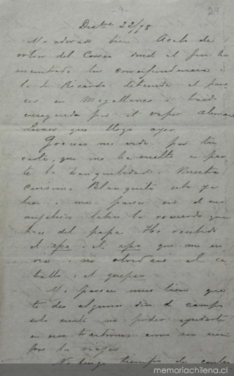 22 de diciembre de 1878 : carta de Arturo Prat a Carmela Carvajal