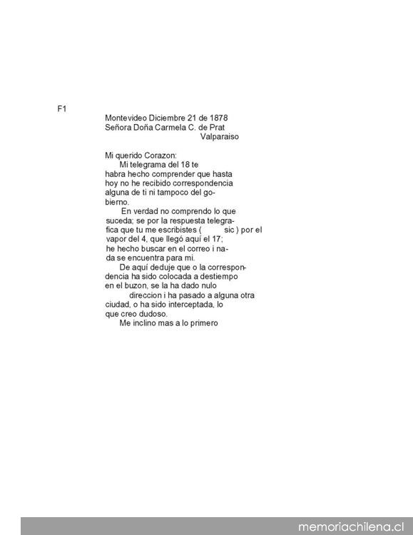 Montevideo, 21 de diciembre de 1878 : carta de Arturo Prat a Carmela Carvajal