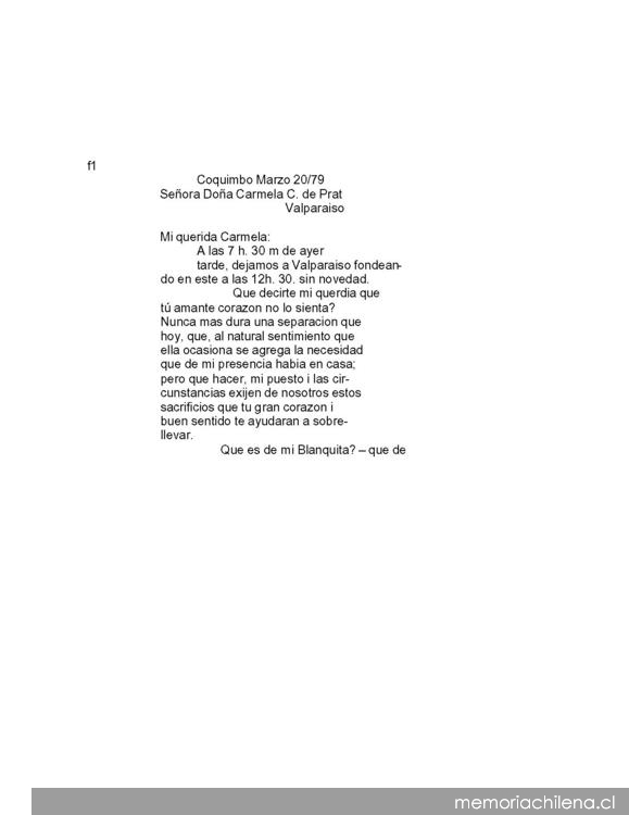 Coquimbo, 20 de marzo de 1879 : carta de Arturo Prat a Carmela Carvajal