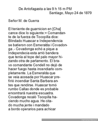 Telegrama enviado al Ministro de Guerra de Justo Arteaga, anunciando los resultados del Combate Naval de Iquique : Antofagasta, 24 de Mayo de 1879