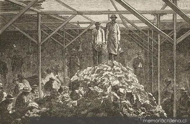 Obreros de la mina Buena Esperanza en la cancha de acopio de mineral, yacimiento Tres Puntas, 1872