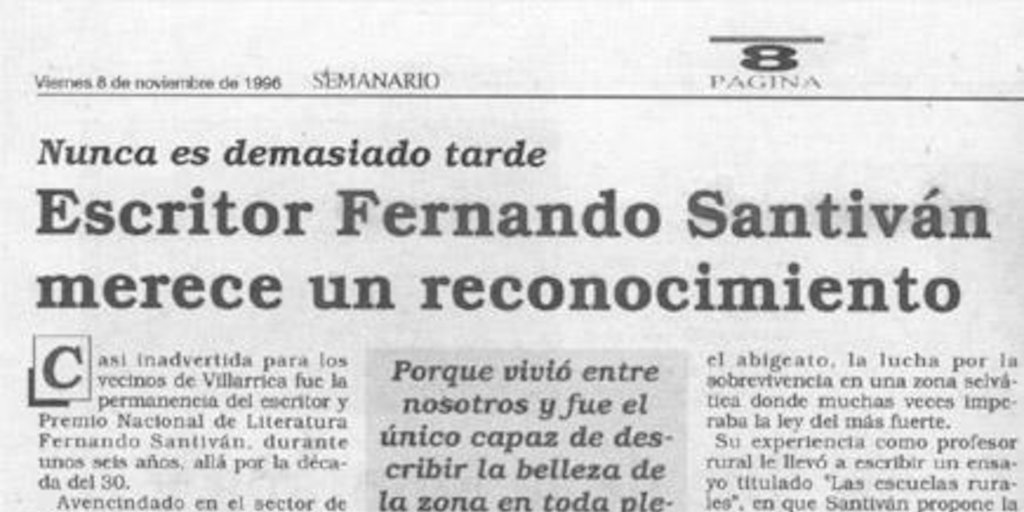 Escritor Fernando Santiván merece un reconocimiento