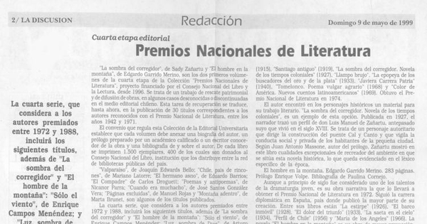 Premios Nacionales de Literatura : cuarta etapa editorial