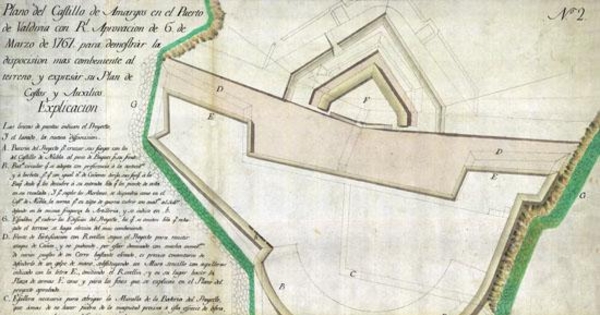 Plano del Castillo de Amargos en el puerto de Valdivia con R' aprovacion del 6 de marzo de 1767 para demostrar la dispocision mas combeniente al terreno y expresar su plan de costas y auxilios